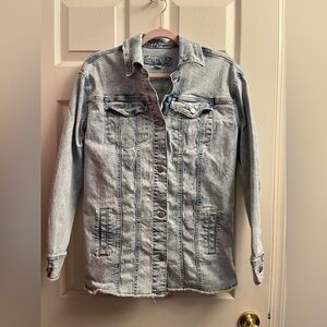 Maurices Stonewashed Frayed Button Down Denim Jacket Xsmall